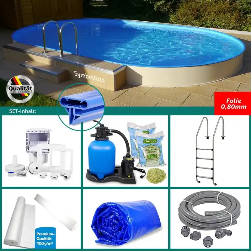 SET> Ovalpool 3,50 x 7,00 x 1,35 m blau, Folie 0,80 mm, Handlauf STYLE Versand Am Gleichen Tag