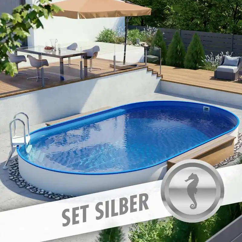 Ovalpool-Set SILBER 8,00 x 4,00 x 1,20 m, Folie blau 0,80 mm, teileingelassen Sofort Bestellen