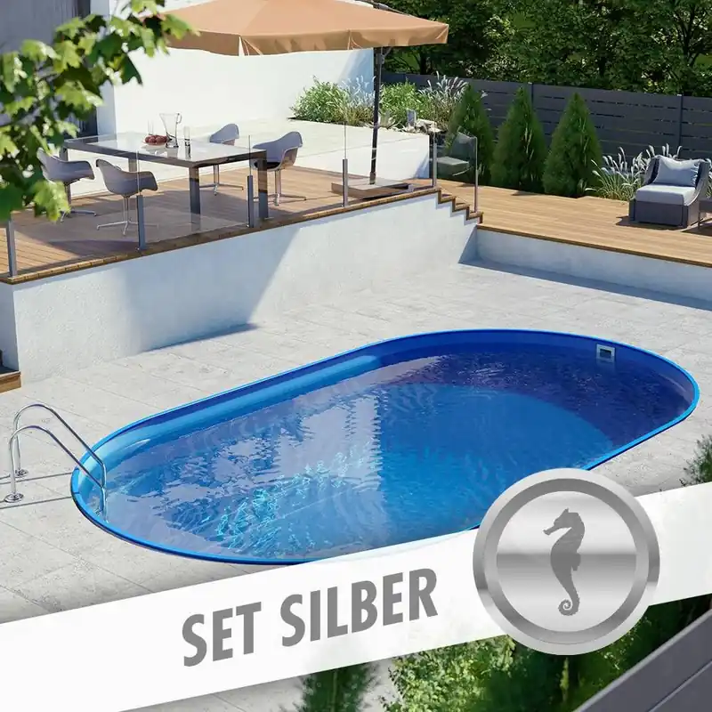Ausverkauf Ovalpool-Set SILBER 8,00 x 4,00 x 1,20 m, Folie blau 0,80 mm, eingelassen