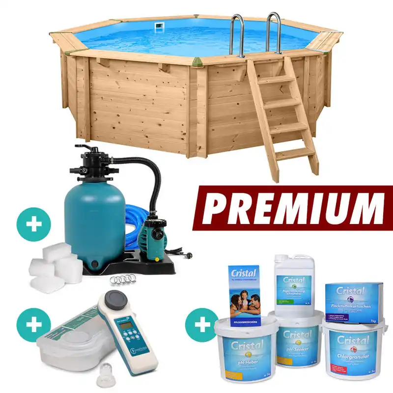 Markenware Holzpool Bali 8-Eck Massivholzpool Set "PREMIUM" 4,40 x 1,36 m