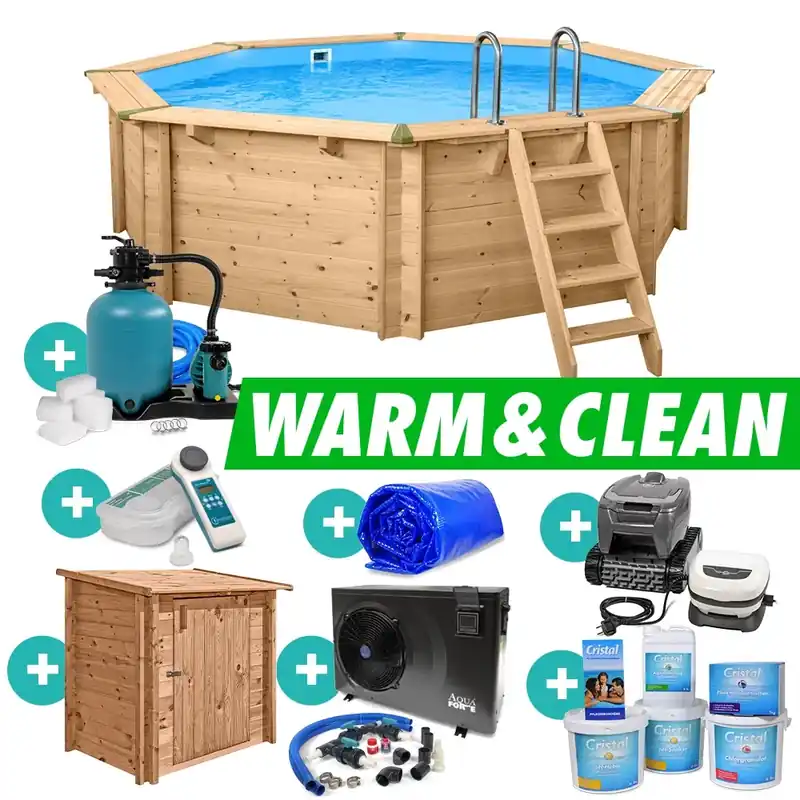 Highlight Holzpool Bali 8-Eck Massivholzpool Set "WARM & CLEAN" 4,40 x 1,36 m