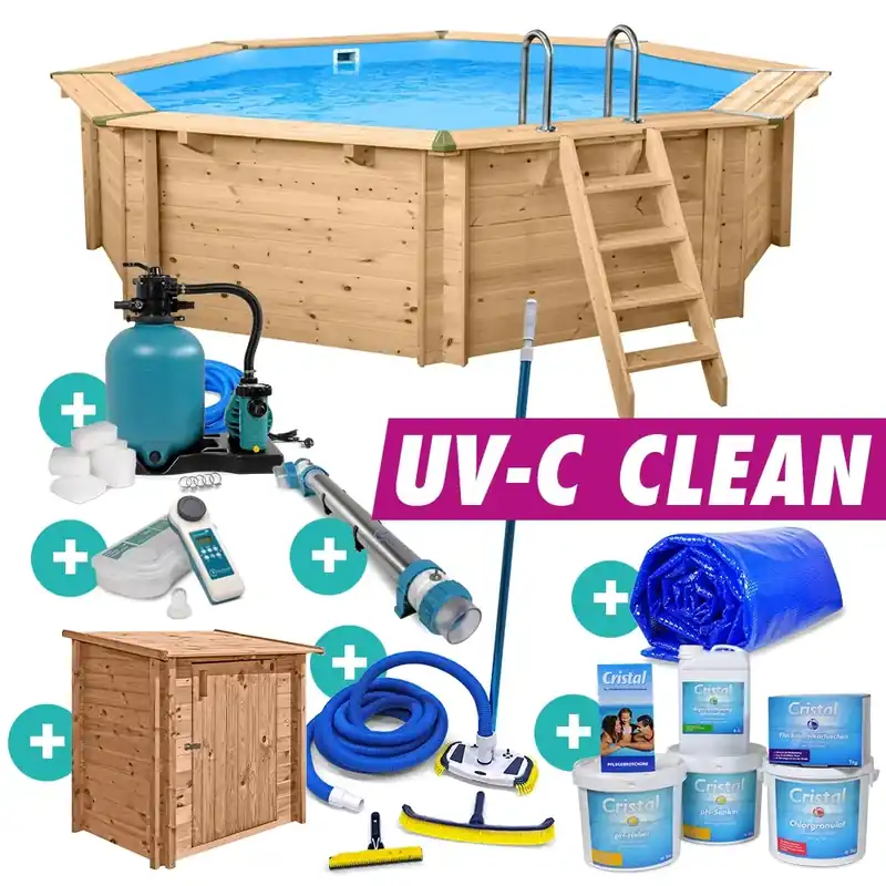 Nur Heute Holzpool Bali 8-Eck Massivholzpool Set "UV-C Clean"