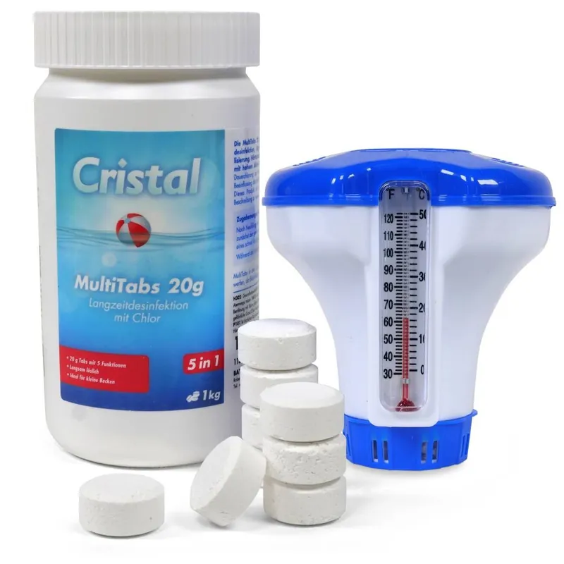 Markenprodukt CRISTAL SET MultiTabs Chlor 5 in 1 (20g) + Chlordosierer mit Thermometer