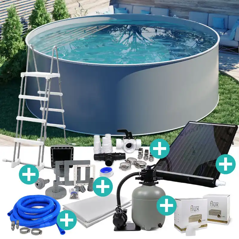 Design Stahlwand-Pool-SET rund Ø 5,00 x 1,20 m Grau SOLAR Online Kaufen