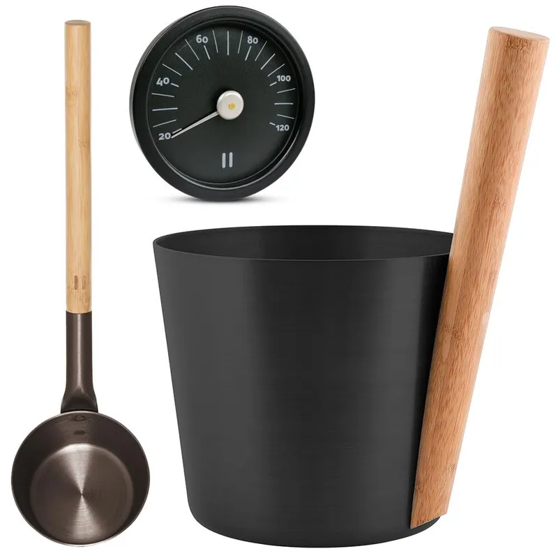 SET> Rento Saunaeimer, Kelle + Thermometer aluminium SCHWARZ Finale Aktion