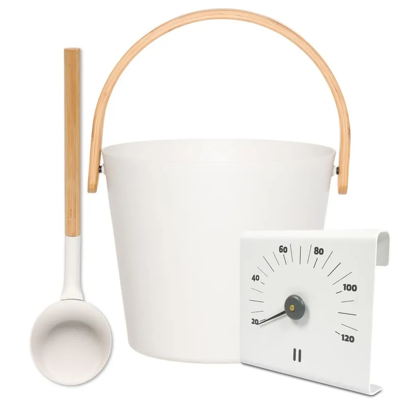 SET> Rento Saunakübel + Kelle + Thermometer aluminium WEISS Mega-Angebot