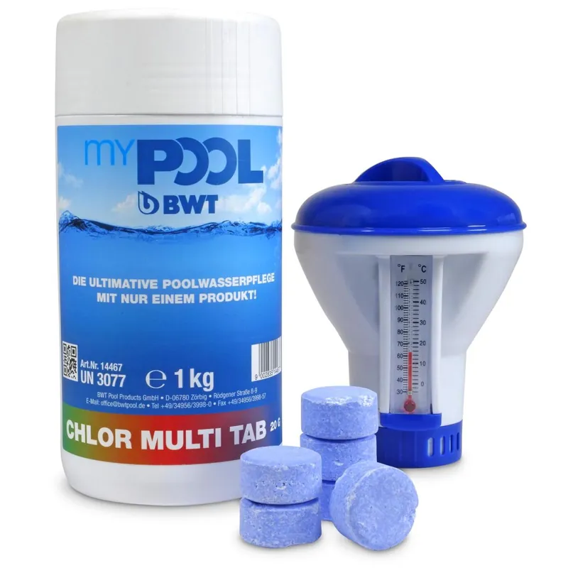 SET> myPOOL Chlor MultiTabs Mini 20g 1,0 kg inkl. Dosierschwimmer mit Thermometer Kracherpreis