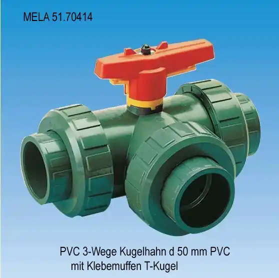 PVC 3-Wege Kugelhahn d 50 mm mit Klebemuffen, T-Kugel Meistverkauft