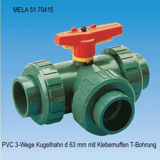 PVC 3-Wege-Kugelhahn d 63 mm mit Klebemuffen T-Kugel Sichere Zahlung