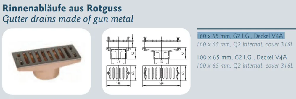Direkt Vom Hersteller Rinnenablauf Rotguss 160 x 65 mm G2 I.G. Deckel V4A