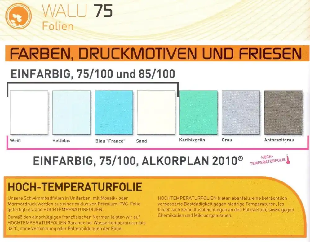 Direkt Vom Hersteller WALU 75/100 Alkorplan 2010 Hochtemperaturfolie bis 33° C einfarbig Maßkonfektion Preis pro m²