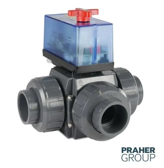 Praher 3-Wege-Kugelhahn L-Bohrung PVC-U 50 mm Klebemuffe 3bar DN40 230VAC Grau Typ L-Bohrung Seitlich Direktkauf