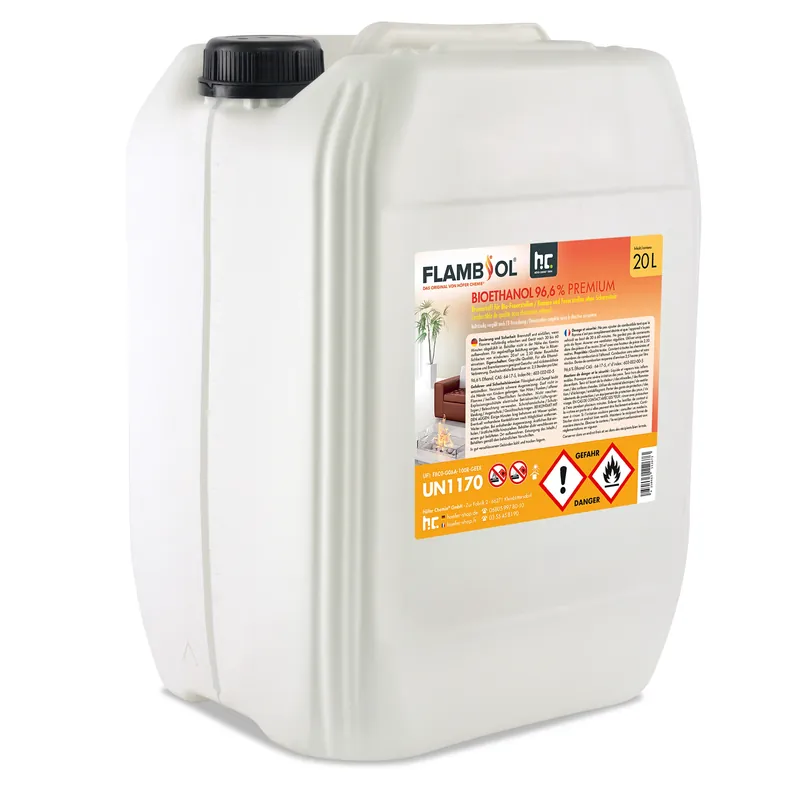 20 L FLAMBIOL® Bioethanol 96,6% Premium für Ethanolkamin in Kanistern Direktkauf