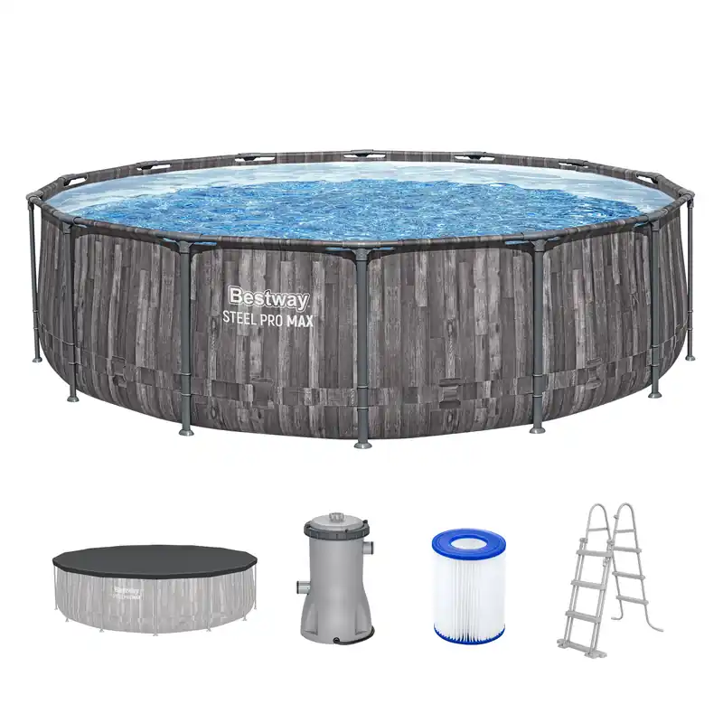 Top-Seller Steel Pro MAX™ Frame Pool Komplett Set mit Filterpumpe Ø 427 x 107 cm, Holz-Optik (Mooreiche), rund