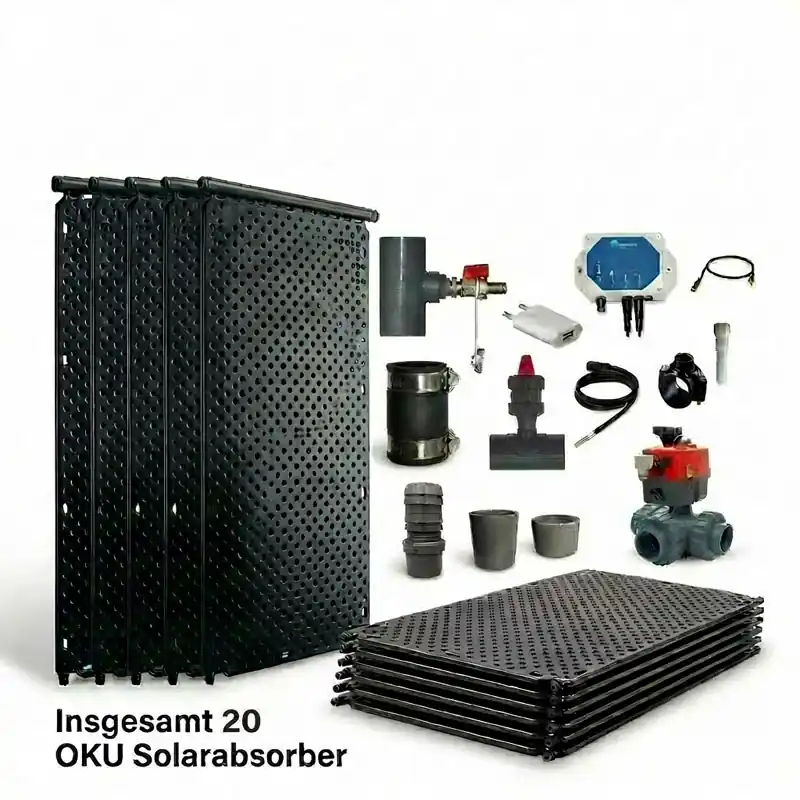 OKU Solarabsorber-Set bis 40 m² WiFi | Automatik-Steuerung | 3-Wege-Kugelhahn mit Zubehör | umfangreiches Komplettpaket Bestseller