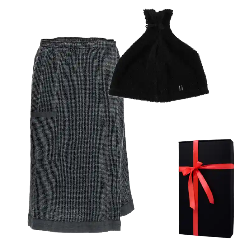 Begrenztes Angebot Geschenkset in einer Geschenkbox RENTO KENNO FOR HIM. Saunahaube und Schürze, dunkelgrau/schwarz