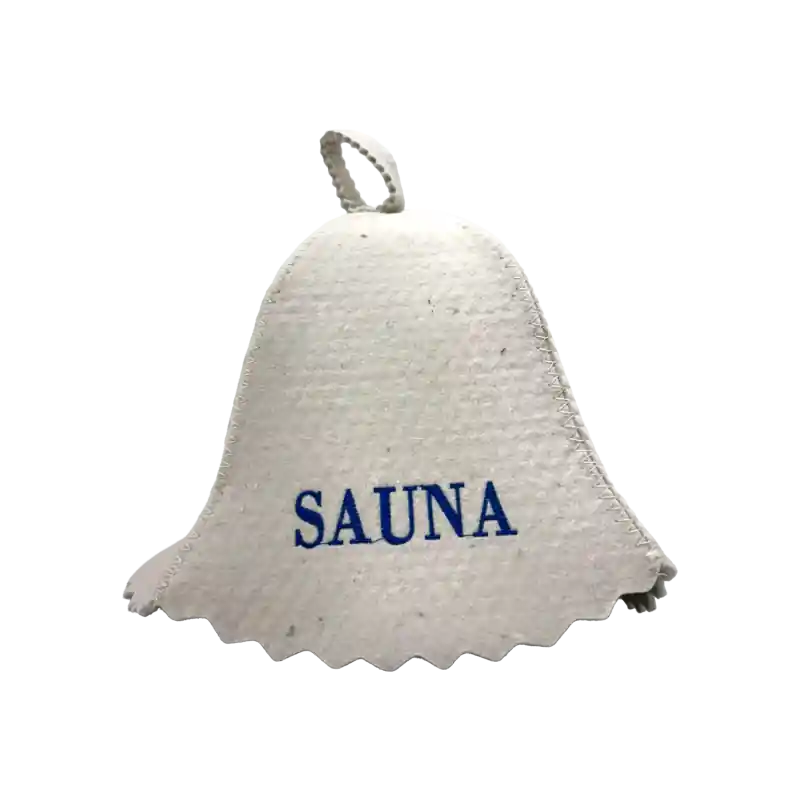 Zertifiziert Saunahut – SAUNA, mit blauer Schrift