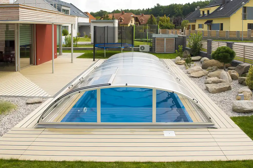 Neue Ware Schwimmbecken-Überdachung Mannheim Clear A1 Anthrazit, Seiteneingang rechts