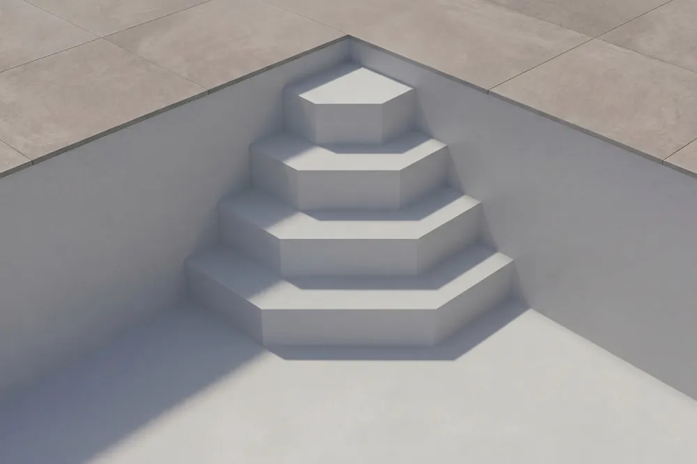 Geprüft Upper Class Pooltreppe für Styroporsteinbecken Trapezform 3,5 m, Sitzbank rechts