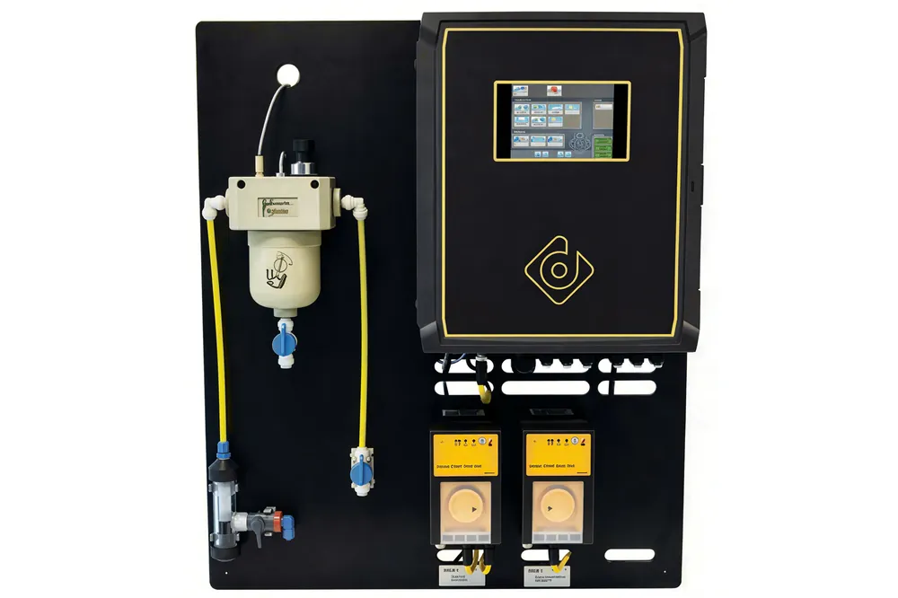 Neue Kollektion dinotecNET+ ready Poolsteuerung für externes Touch Panel, Poolcare zeitgesteuert, pH mit Durchfussarmatur