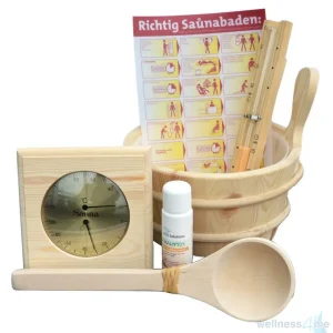 Sauna Zubehörset 6-teilig | Saunakübel, Kelle, Thermometer, Sanduhr, Aufgusskonzentrat Mega-Angebot