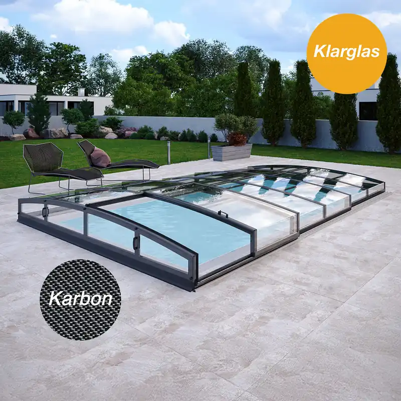 Abverkauf Poolüberdachung Casablanca Infinity A 6,46 x 3,90 x 0,55 m Karbon vormontierte Module Einstieg rechts beidseitig
