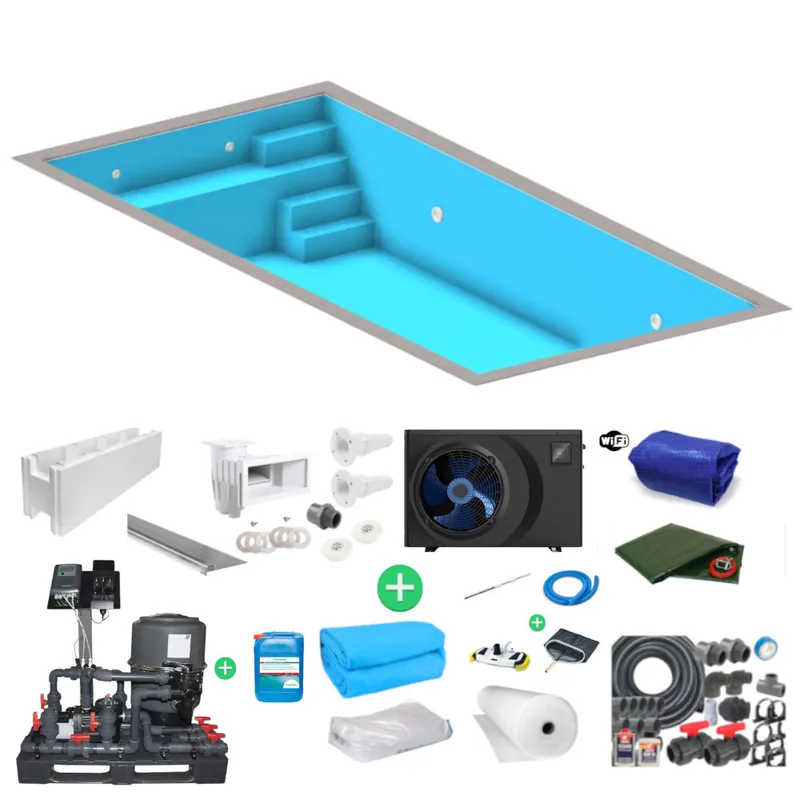 Must-Have IQ Styroporpool Rechteckpool mit Sitzbank + Treppe rechts blau 700 x 350 x 150cm SET Luxury Fluid