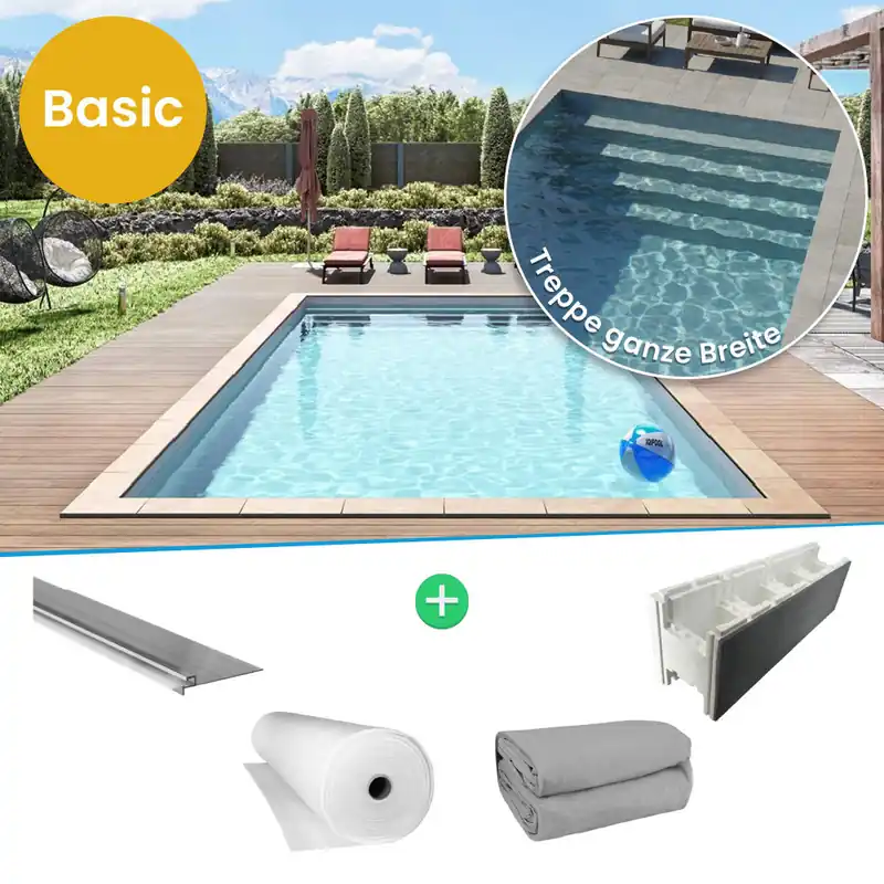 Abverkauf IQ Styroporpool Rechteckpool mit Treppe ganze Breite 700 x 350 x 150cm Basic grau