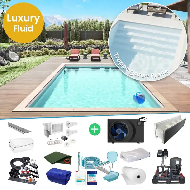 IQ Styroporpool Rechteckpool mit Treppe ganze Breite 700 x 350 x 150cm Luxurx Fluid + weiss Super-Preis