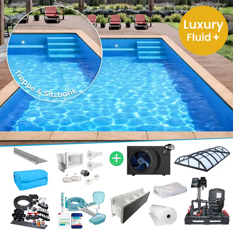 Abverkauf IQ Styroporpool Rechteckpool mit Sitzbank & Treppe 400 x 250 x 150cm Luxury Fluid + blau rechts