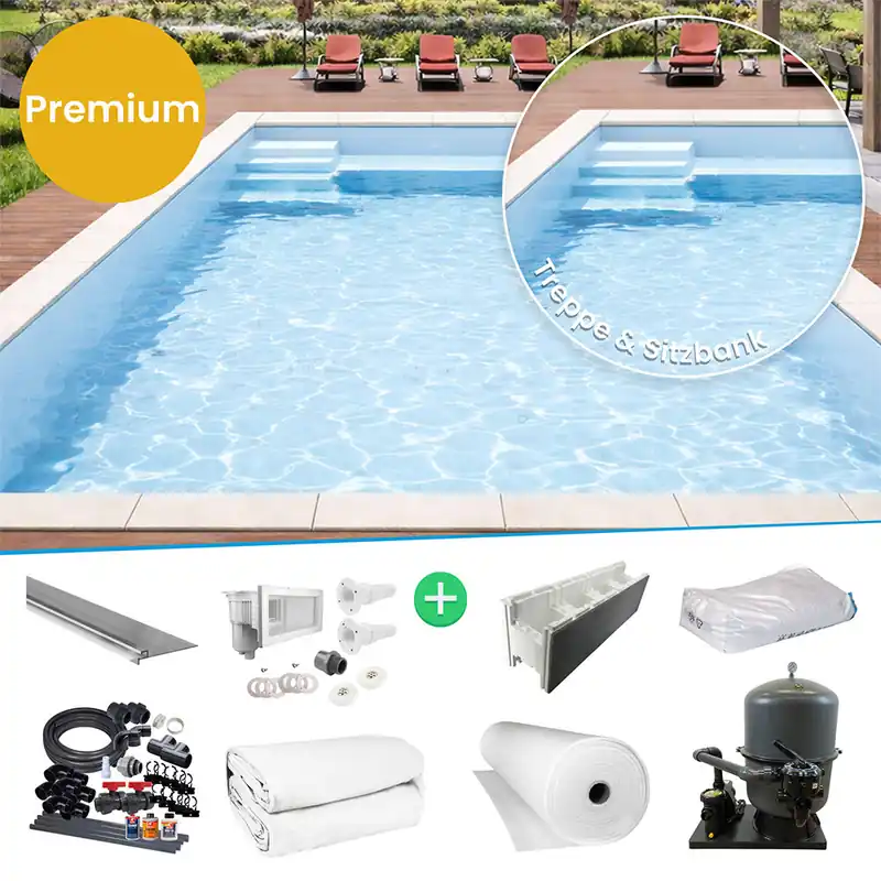 Abverkauf IQ Styroporpool Rechteckpool mit Sitzbank & Treppe 500 x 300 x 150cm Premium weiss links