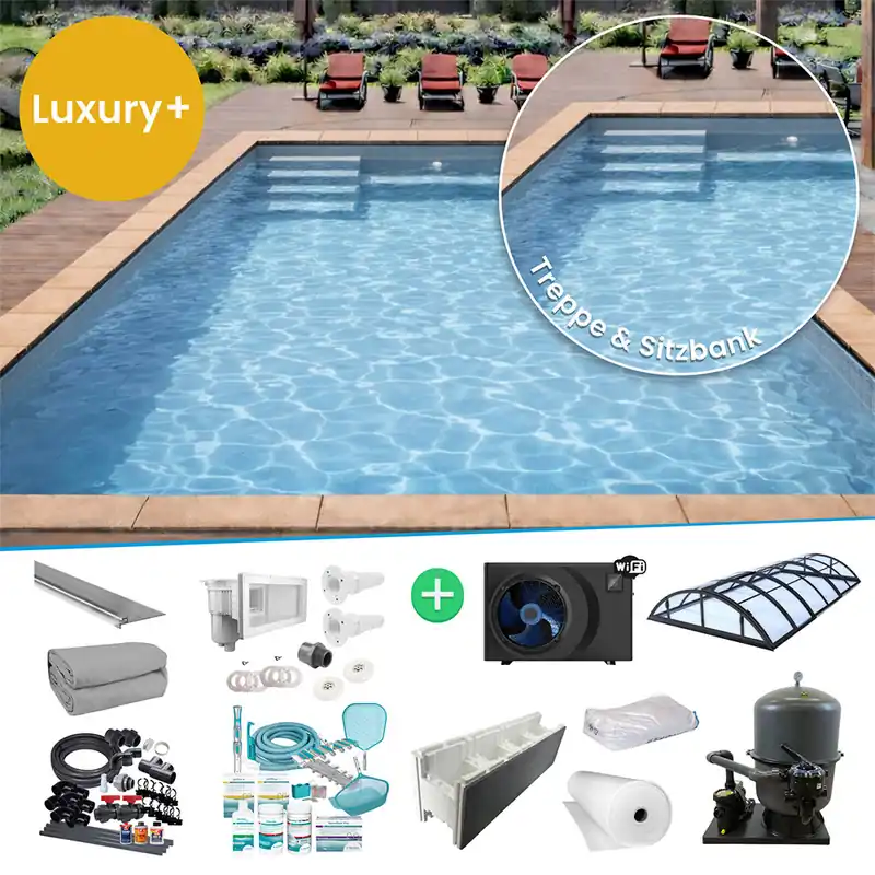 Abverkauf IQ Styroporpool Rechteckpool mit Sitzbank & Treppe 500 x 300 x 150cm Luxury + grau links