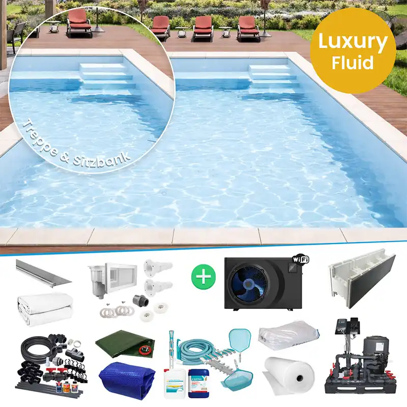 Abverkauf IQ Styroporpool Rechteckpool mit Sitzbank & Treppe 500 x 300 x 150cm Luxury Fluid weiss rechts