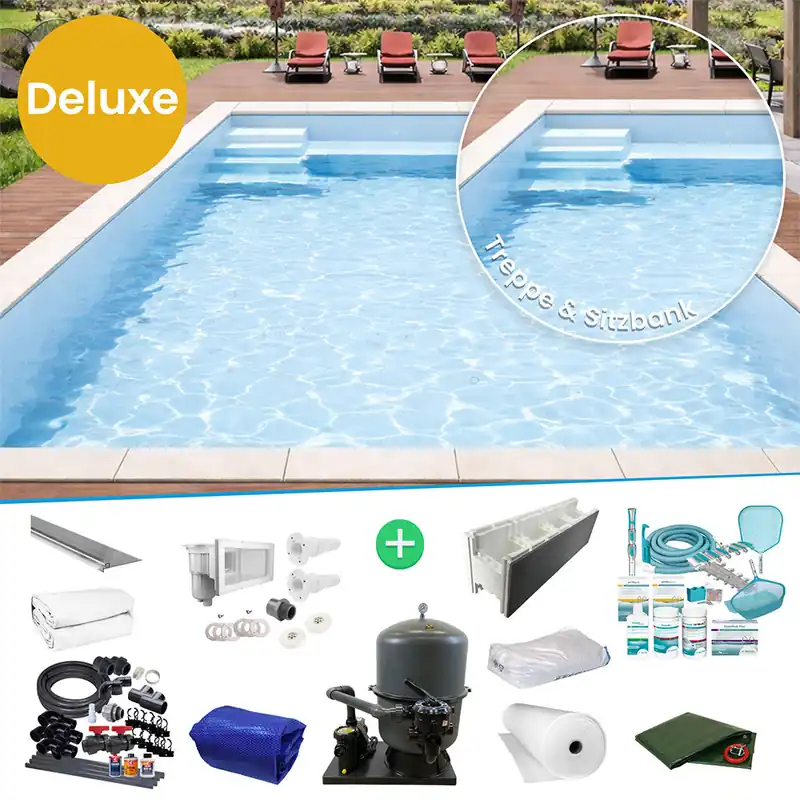 Abverkauf IQ Styroporpool Rechteckpool mit Sitzbank & Treppe 700 x 350 x 150cm Deluxe weiss links