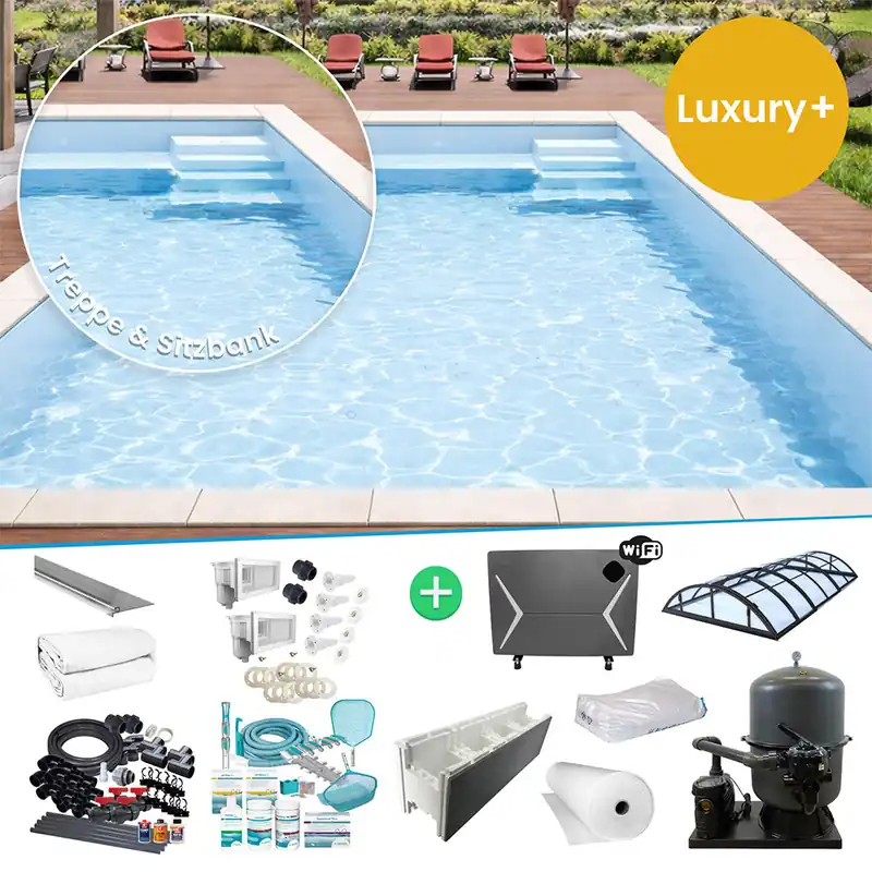 Abverkauf IQ Styroporpool Rechteckpool mit Sitzbank & Treppe 900 x 500 x 150cm Luxury + weiss rechts