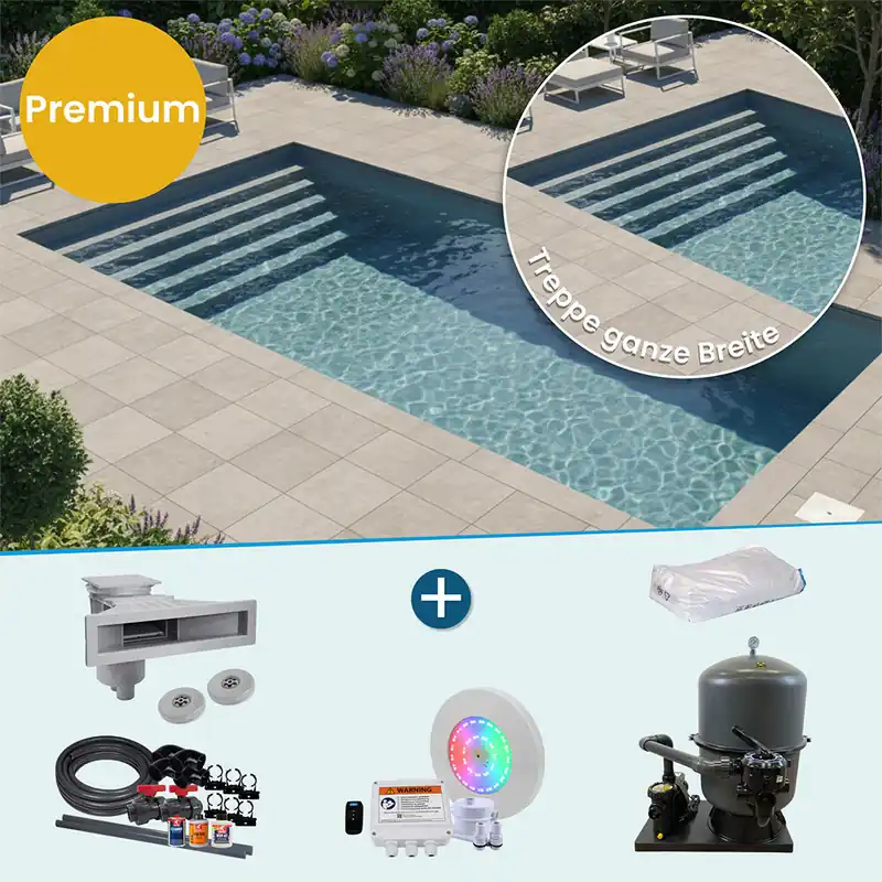 Abverkauf Trend PP-Pool 450 x 310 x 140 cm Treppe ganze Breite SET hellgrau Premium